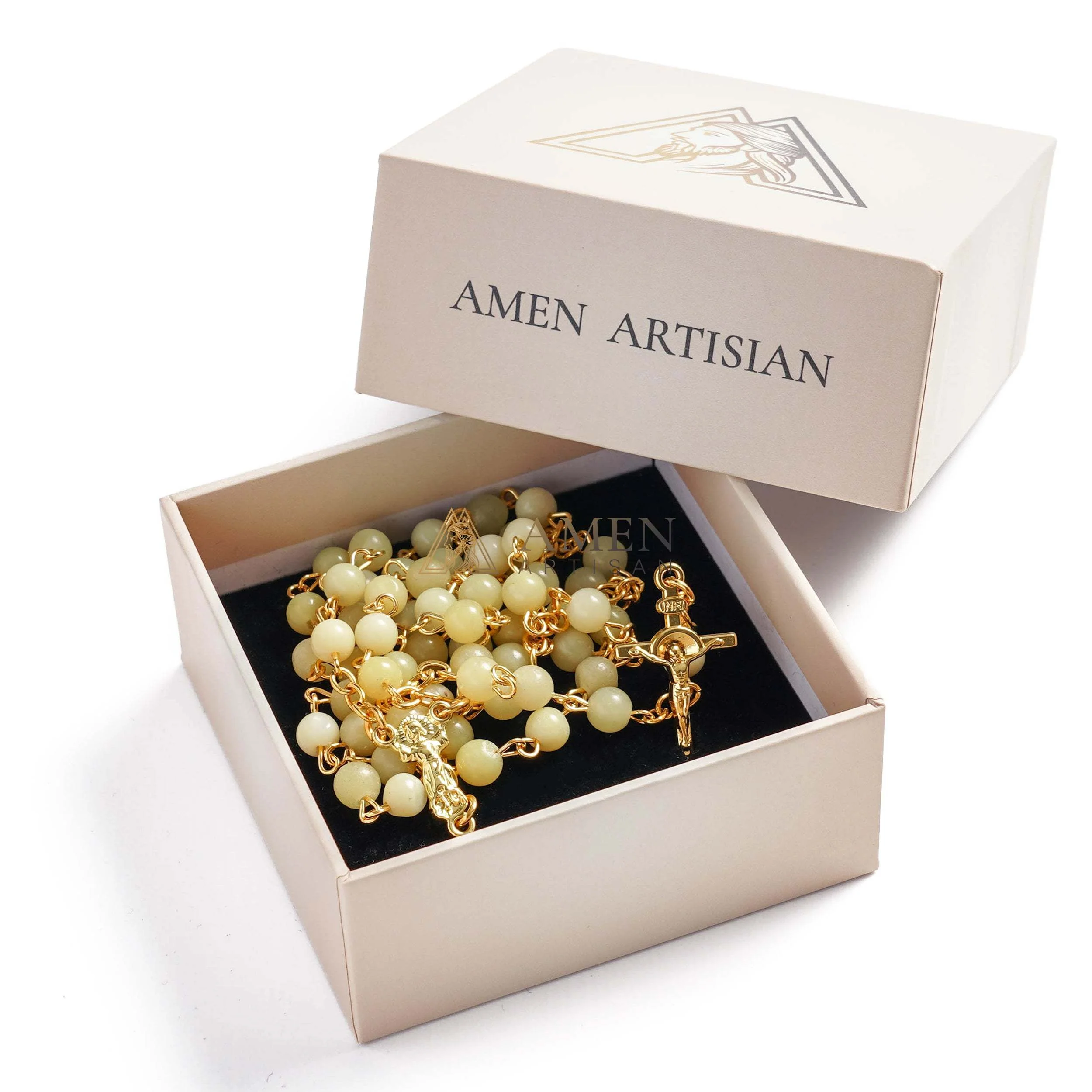 Green Yellow Jade Bead Rosary Amen Artisan - Image 5