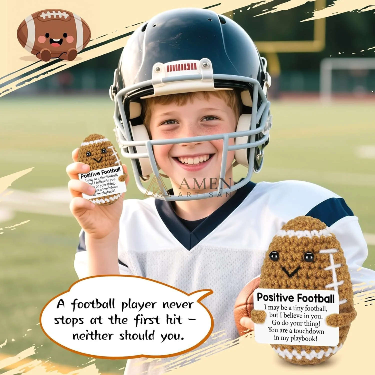 Hand-Knit Positive Football Plush Doll Amen Artisan - Image 6