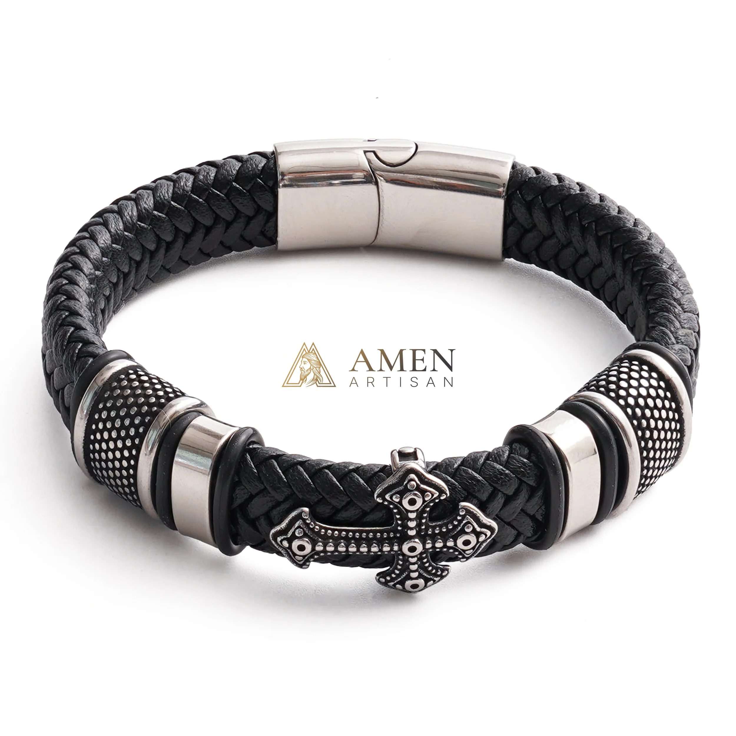 Handcrafted Cross Leather Bracelet Amen Artisan - Image 2