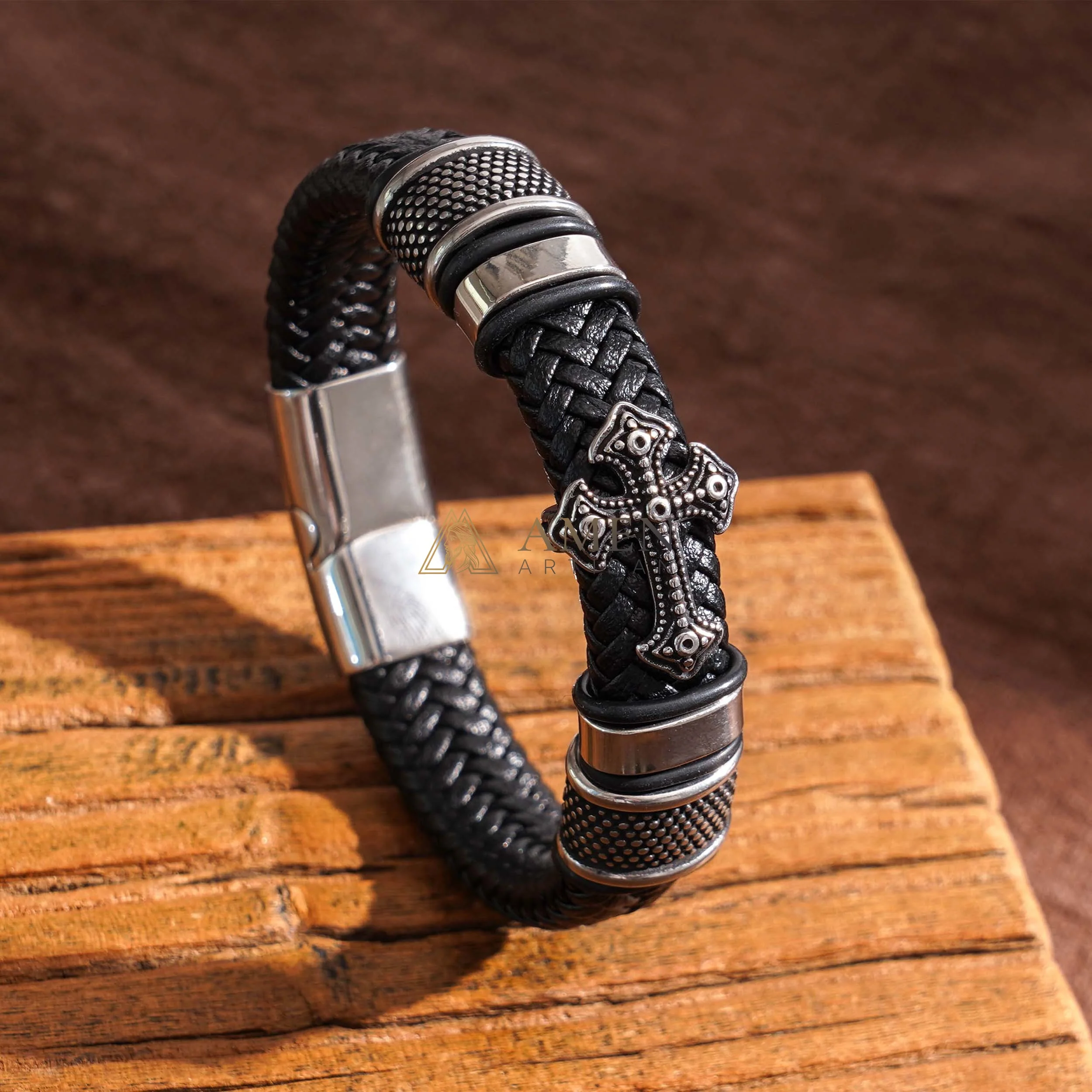 Handcrafted Cross Leather Bracelet Amen Artisan - Image 5