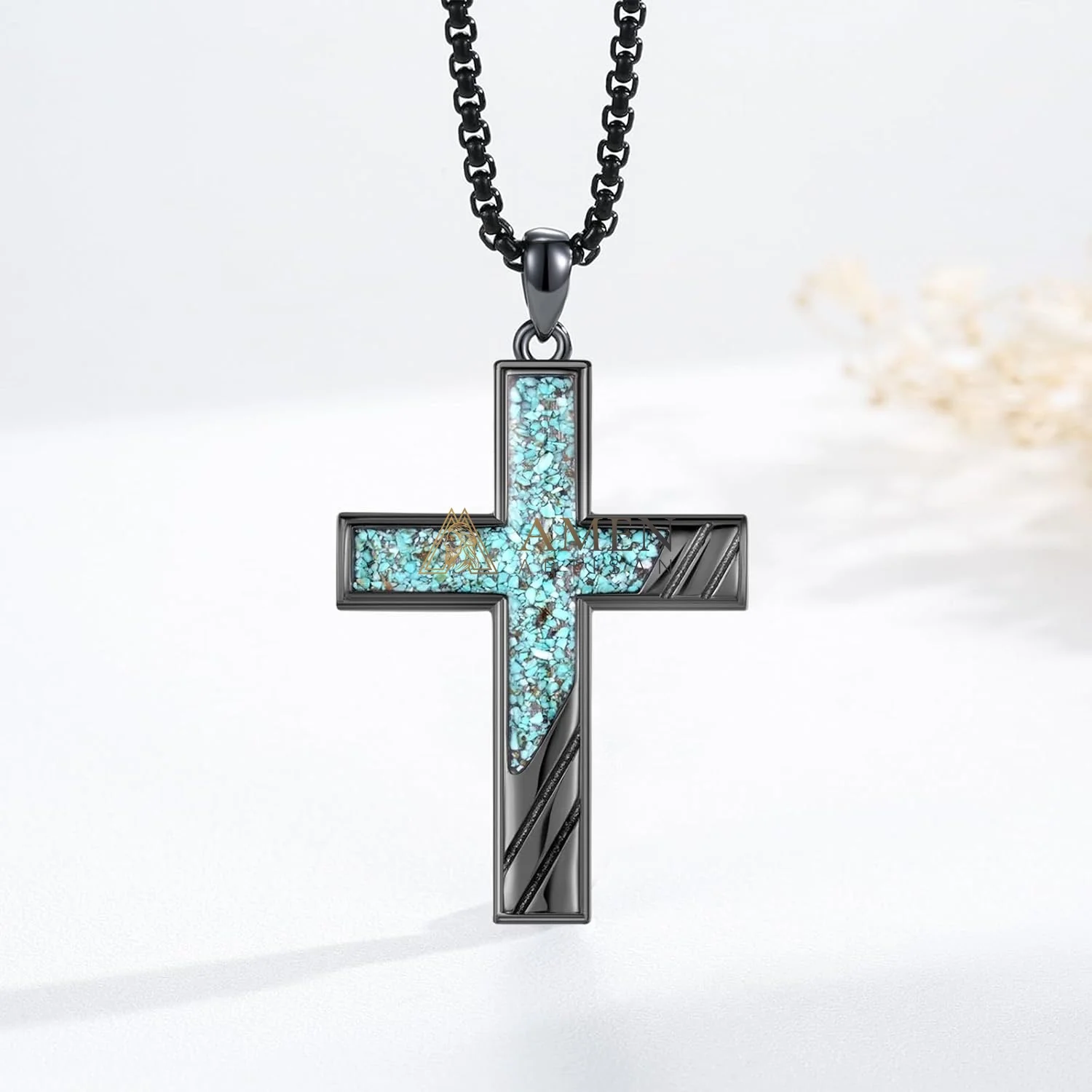 Handcrafted Titanium Steel Turquoise Chip Cross Pendant Necklace  Amen Artisan - Image 2