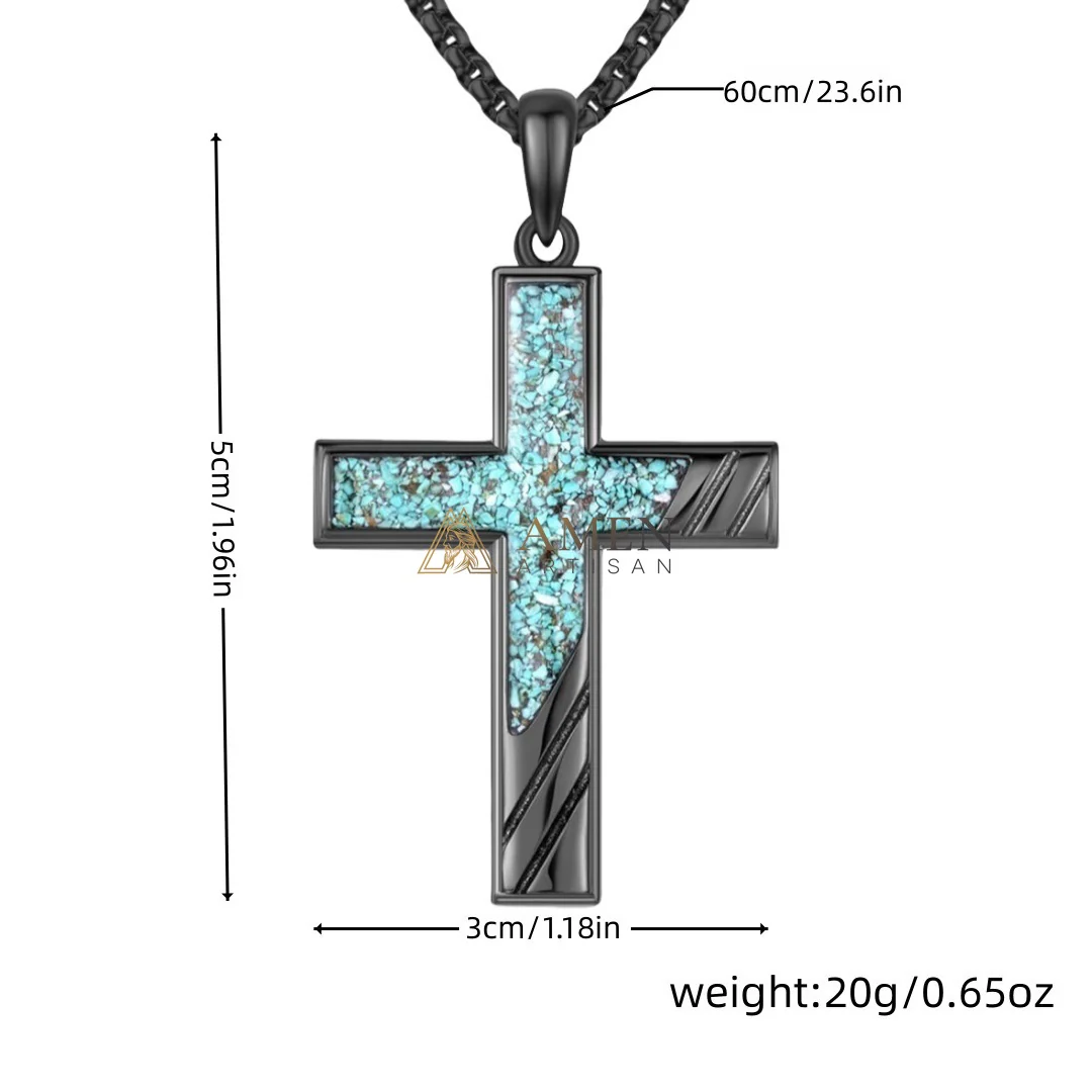 Handcrafted Titanium Steel Turquoise Chip Cross Pendant Necklace  Amen Artisan - Image 3