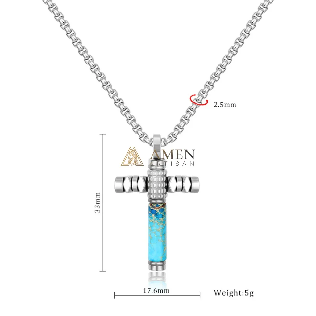 Handcrafted Titanium Steel Turquoise Cross Pendant Necklace  Amen Artisan - Image 2