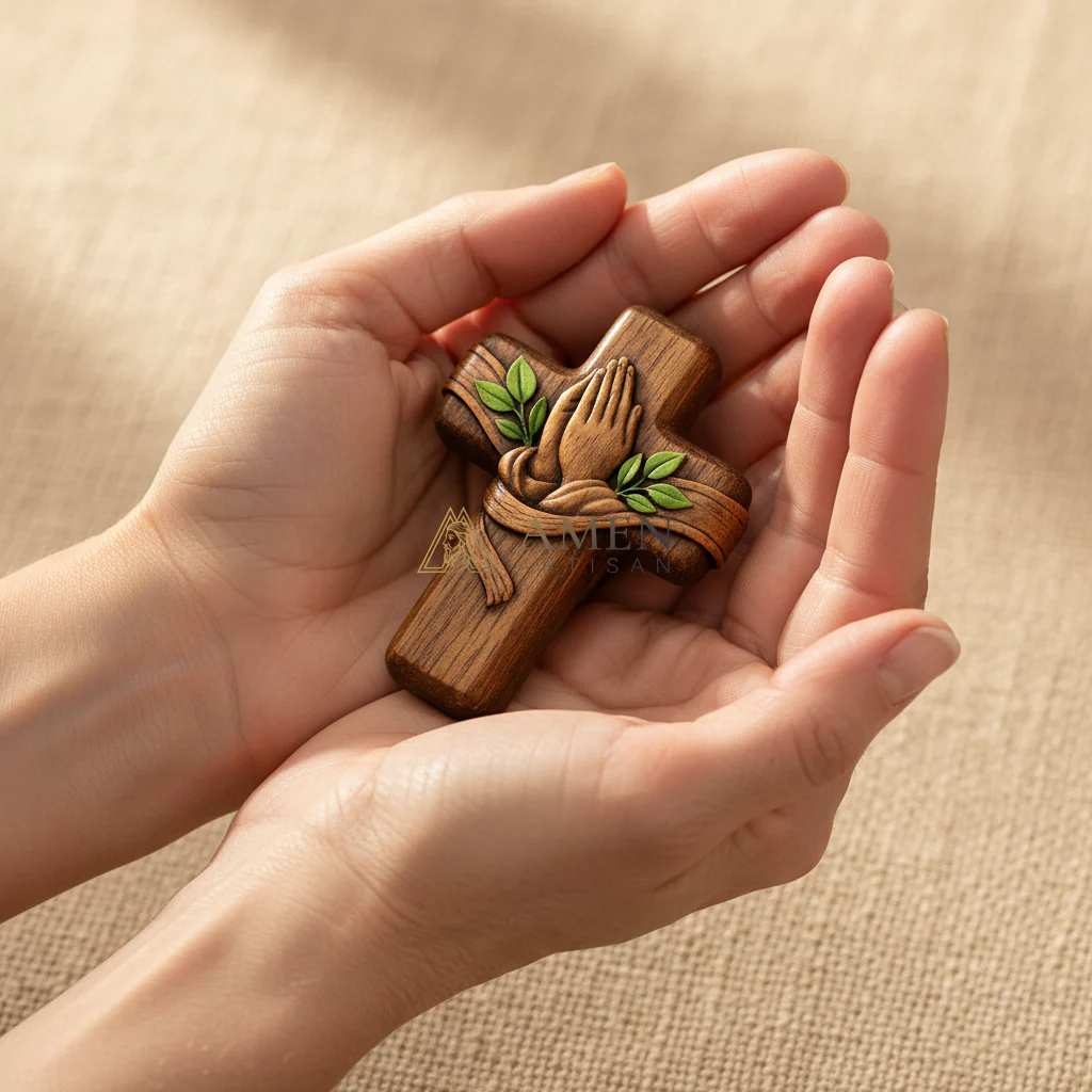 Handmade Pocket Prayer Wooden Cross Amen Artisan - Image 3