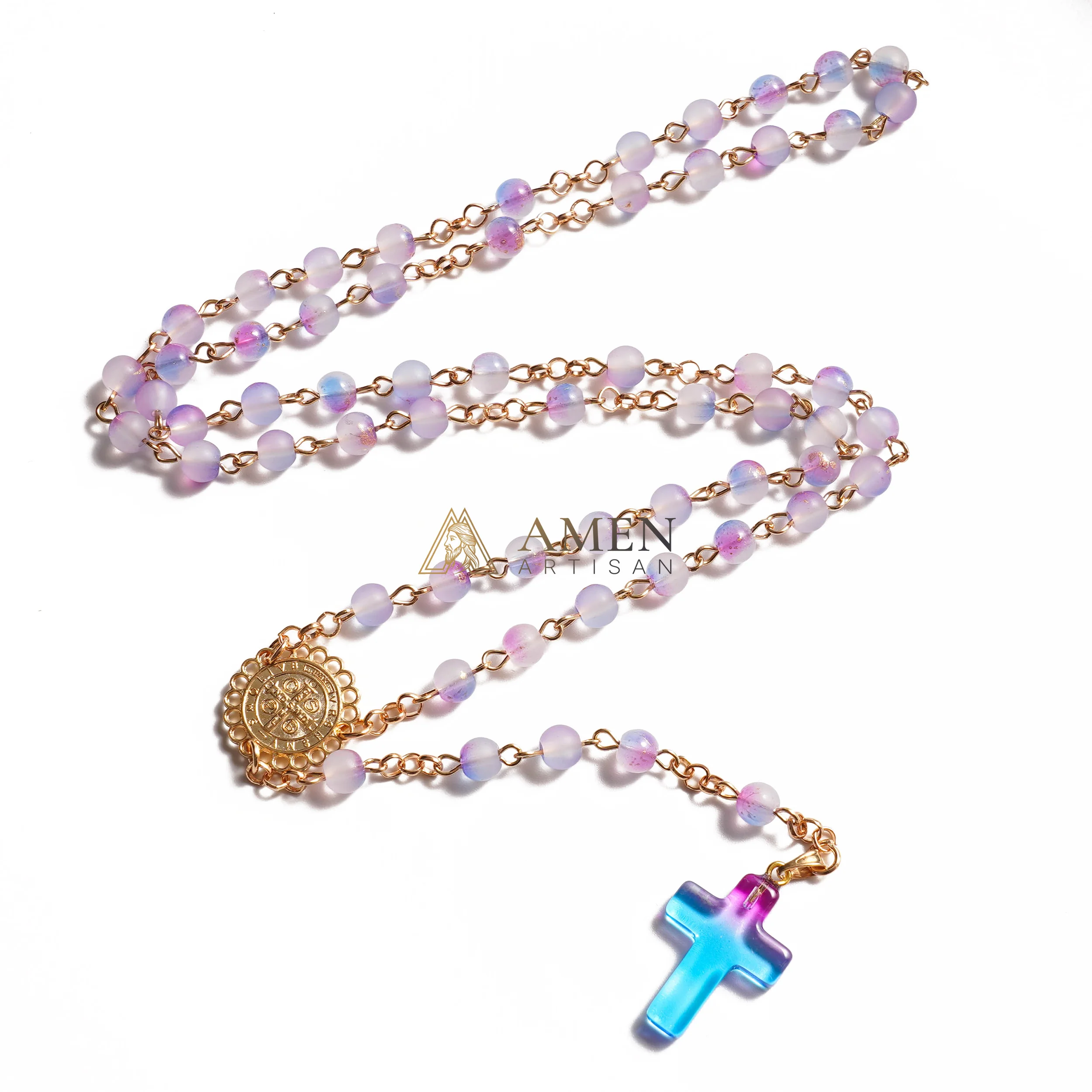 Handmade Purple Blue Gradient Rosary Necklace with Glass Cross and Devotional Medal |  Amen Artisan - Image 2