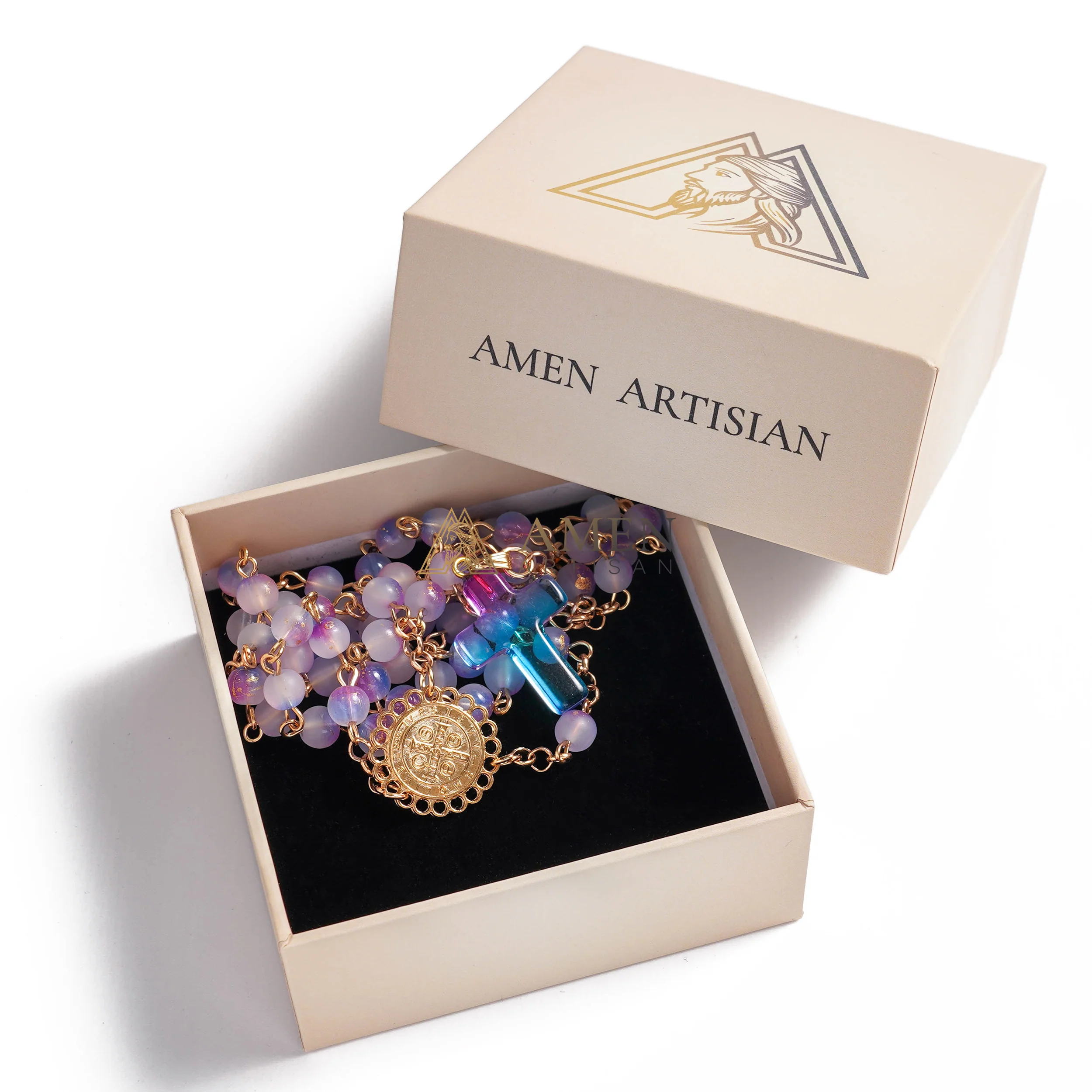 Handmade Purple Blue Gradient Rosary Necklace with Glass Cross and Devotional Medal |  Amen Artisan - Image 4