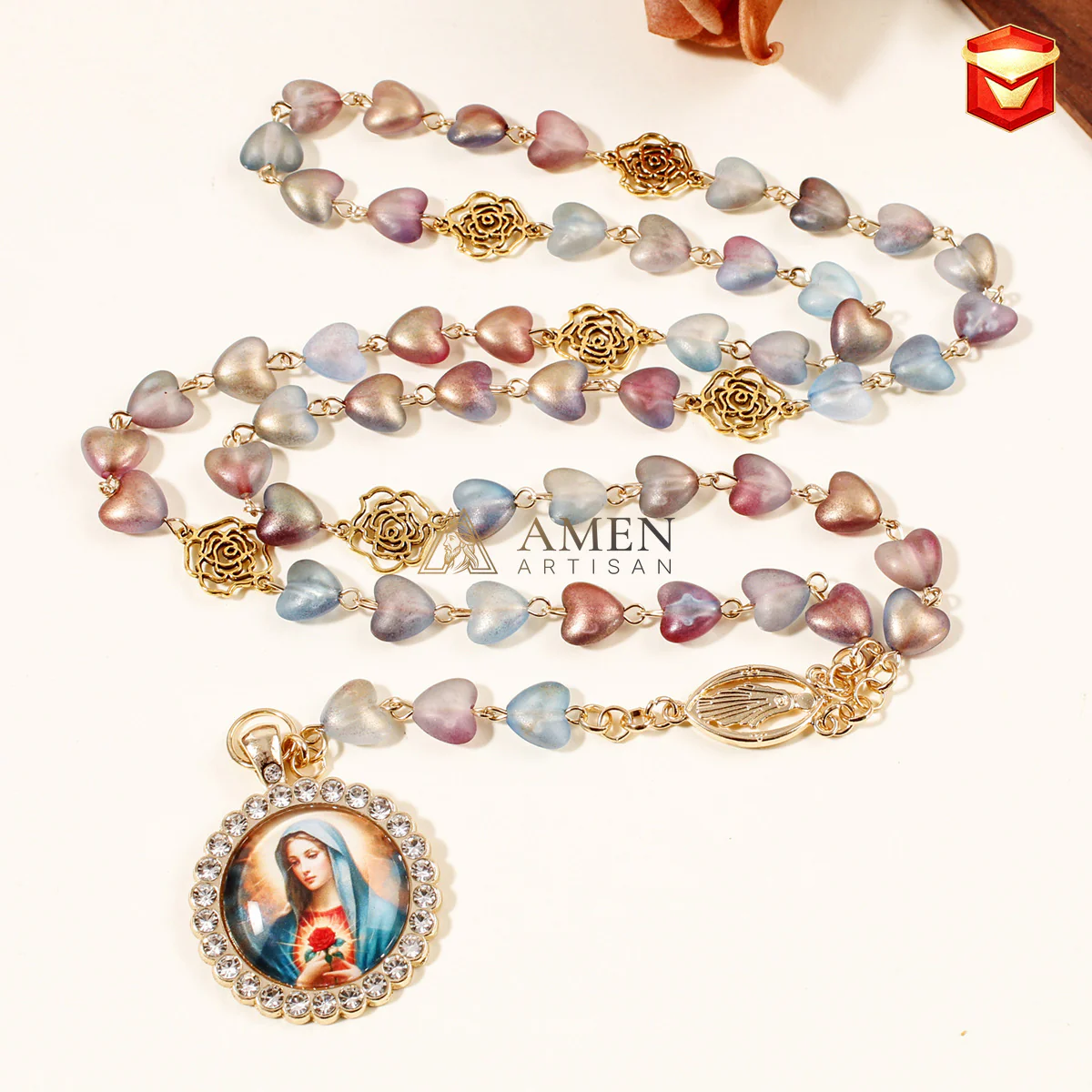 Heart-Shaped Stained Glass Our Lady Pendant Necklace Amen Artisan