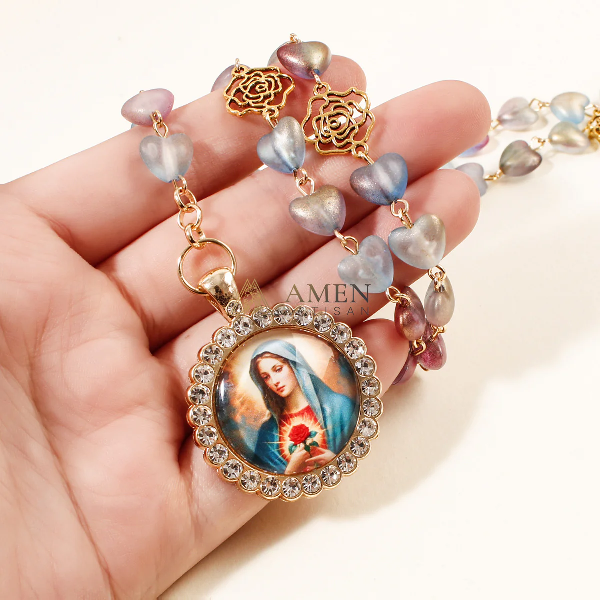 Heart-Shaped Stained Glass Our Lady Pendant Necklace Amen Artisan - Image 3