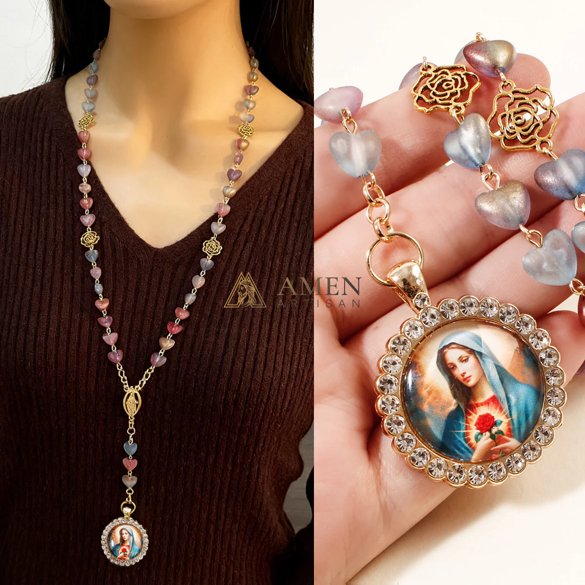 Heart-Shaped Stained Glass Our Lady Pendant Necklace Amen Artisan - Image 4