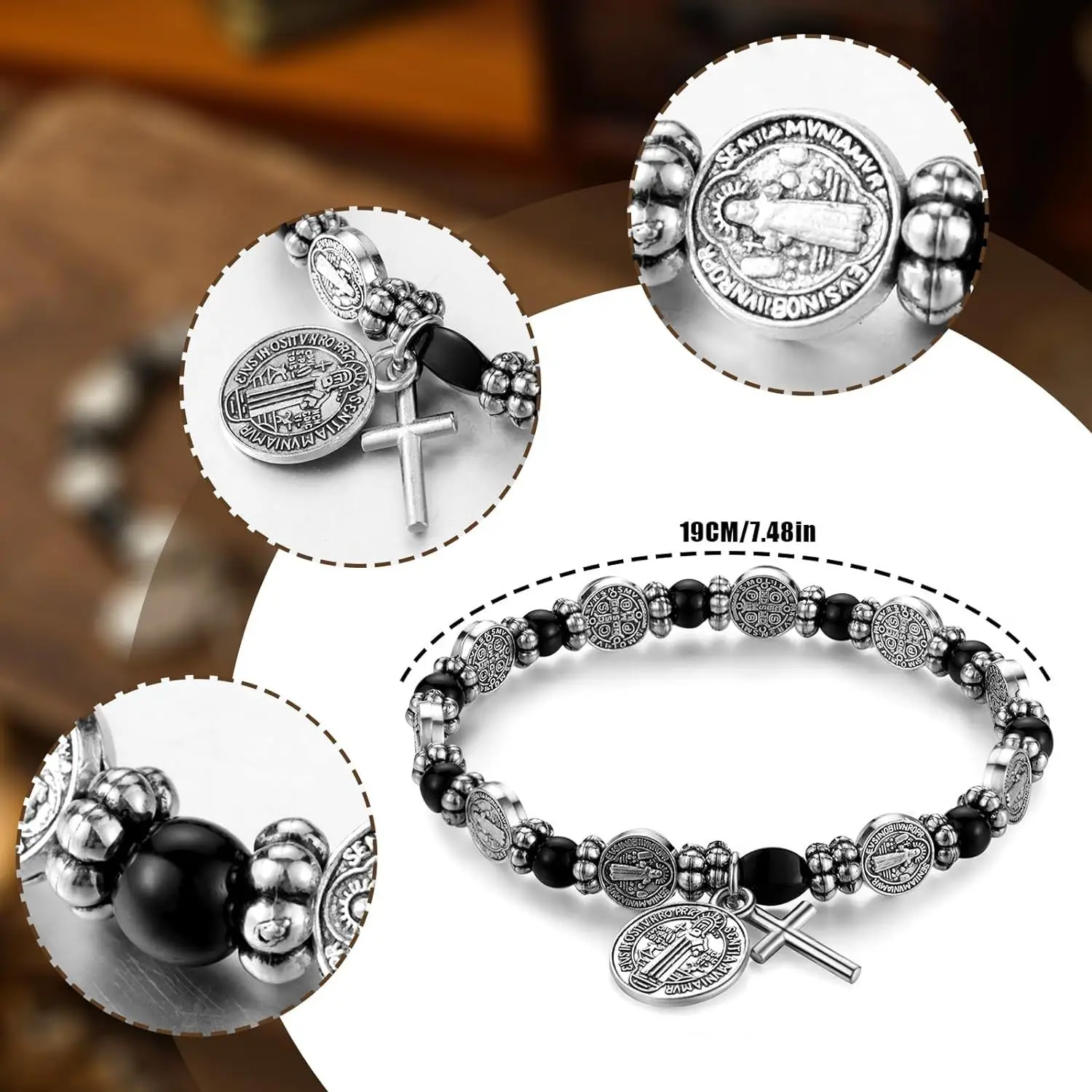 Hematite Beads Saint Benedict Medal Cross Elastic Cord Bracelet Amen Artisan - Image 4