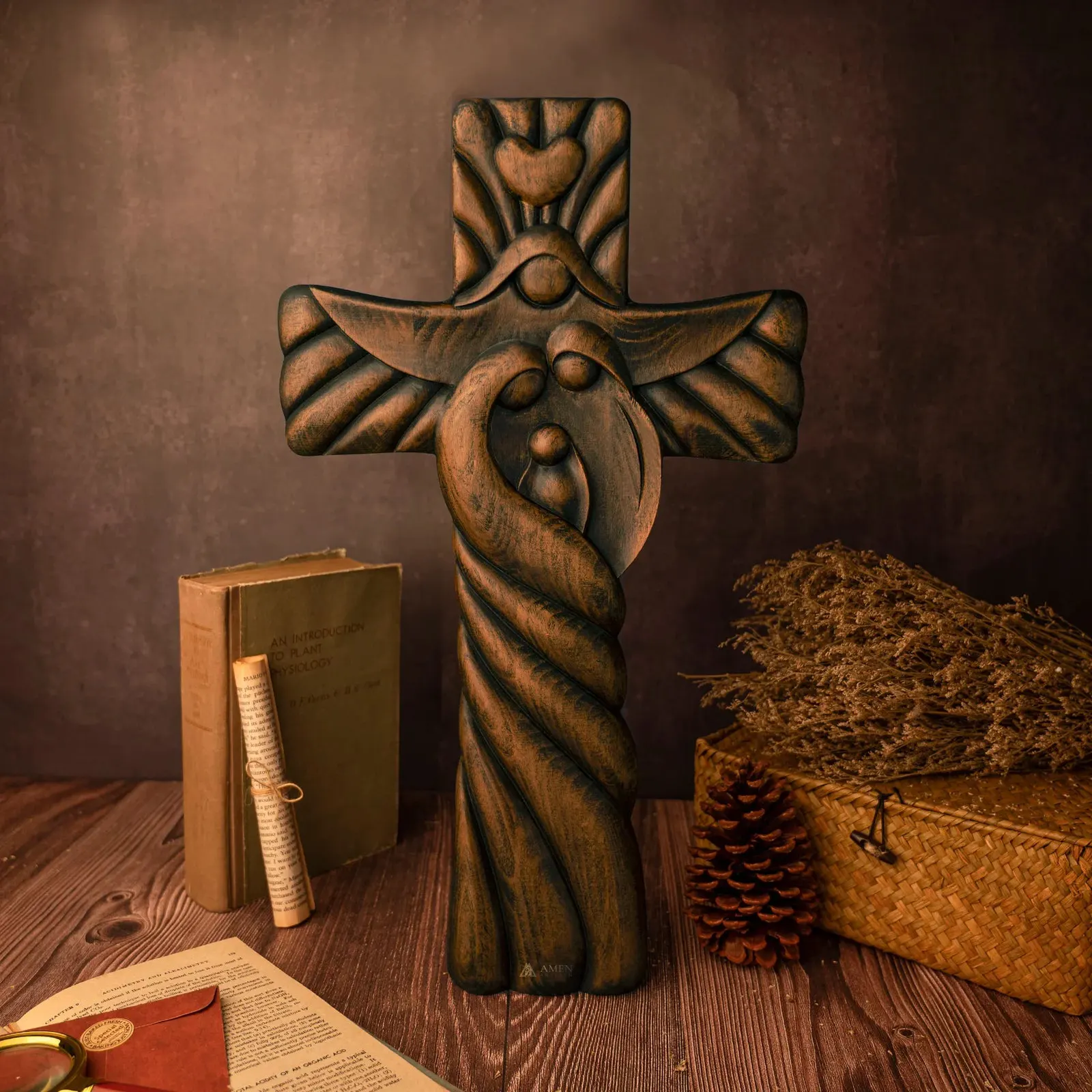 Holy Family Cross Wood Carving
