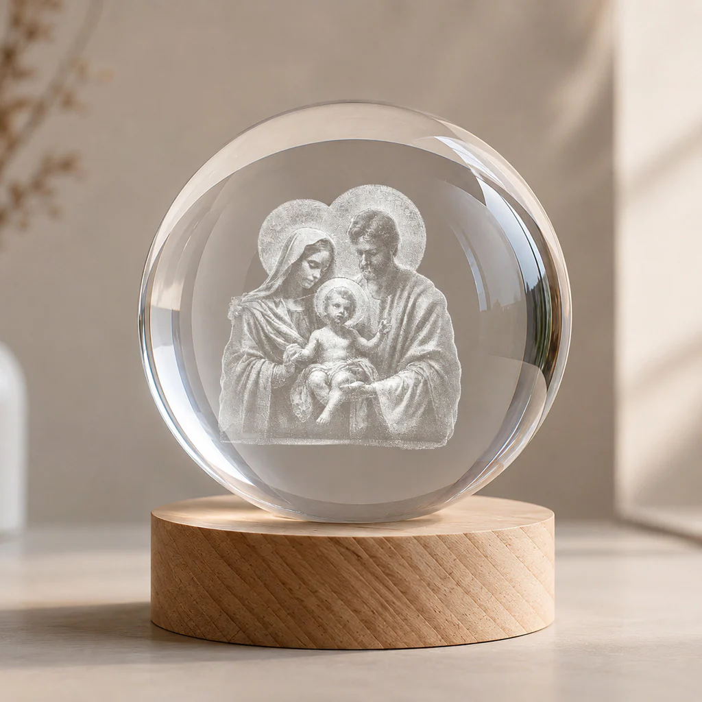 Holy Family Crystal Night Light with Warm Wooden Base — Home Blessing - Image 2