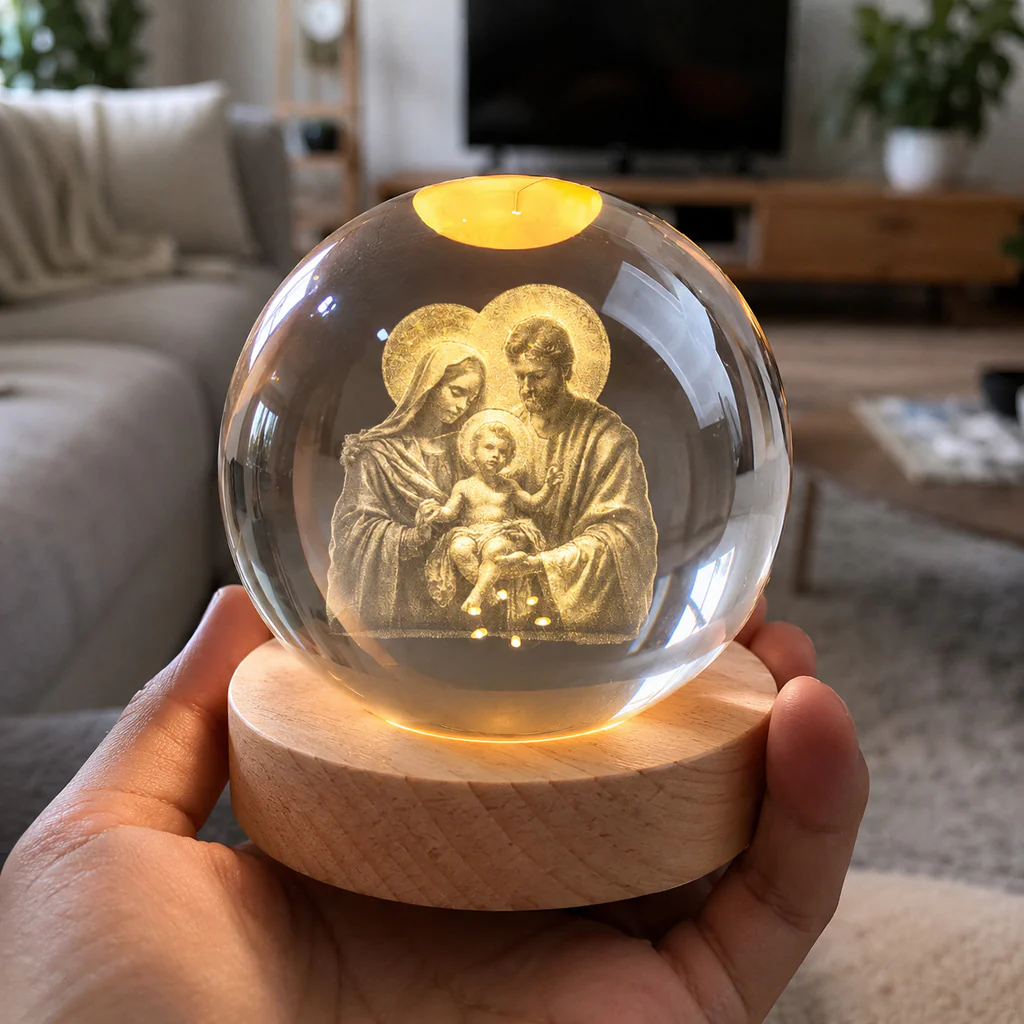 Holy Family Crystal Night Light with Warm Wooden Base — Home Blessing - Image 3