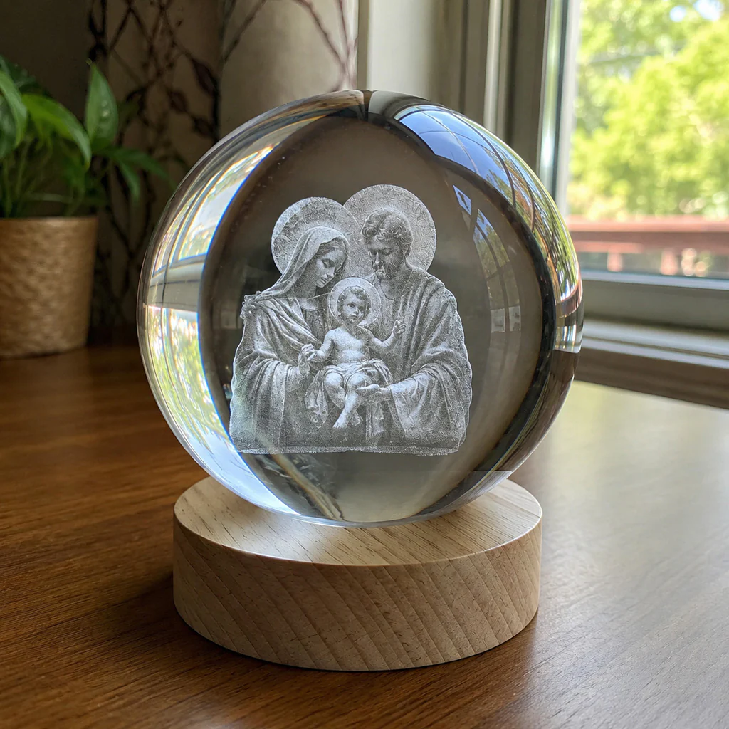 Holy Family Crystal Night Light with Warm Wooden Base — Home Blessing - Image 4