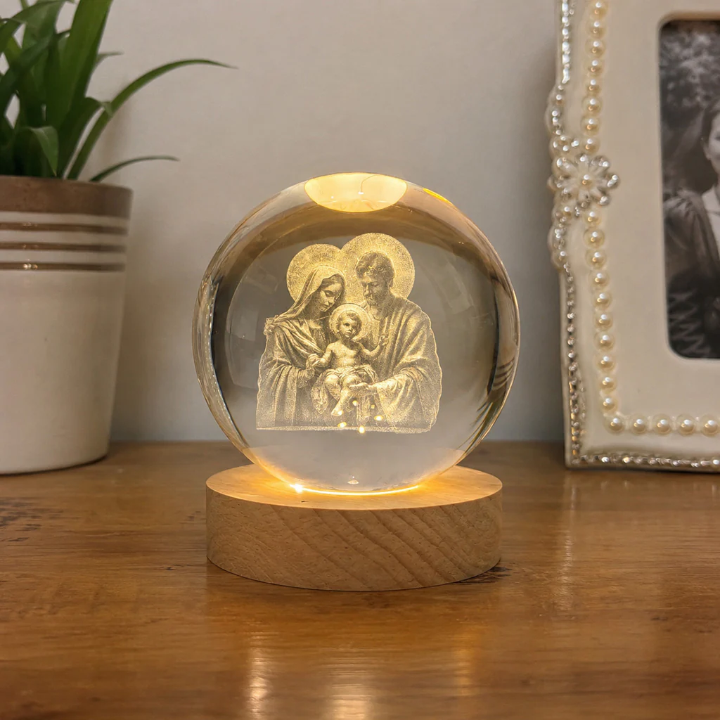 Holy Family Crystal Night Light with Warm Wooden Base — Home Blessing - Image 5