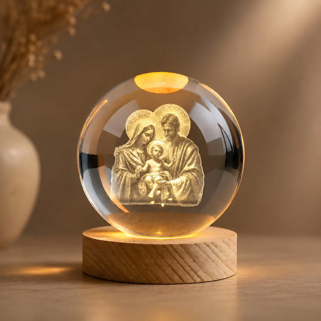 Holy Family Crystal Night Light with Warm Wooden Base — Home Blessing - Image 6