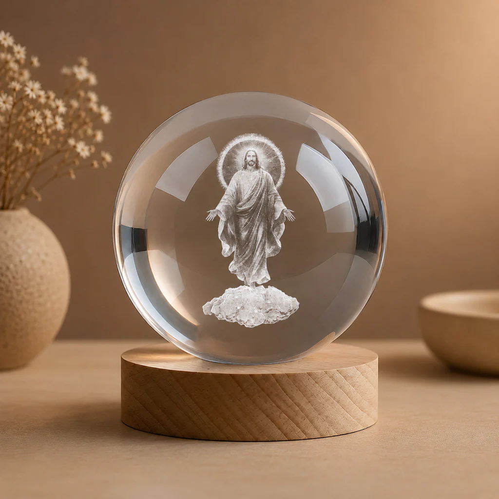 Jesus Christ Crystal Night Light with Warm Wooden Base - Image 2