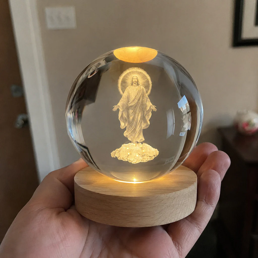 Jesus Christ Crystal Night Light with Warm Wooden Base - Image 3