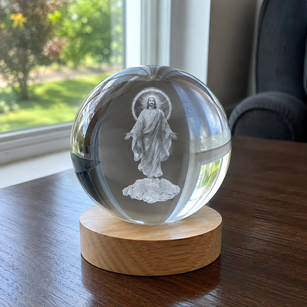 Jesus Christ Crystal Night Light with Warm Wooden Base - Image 4