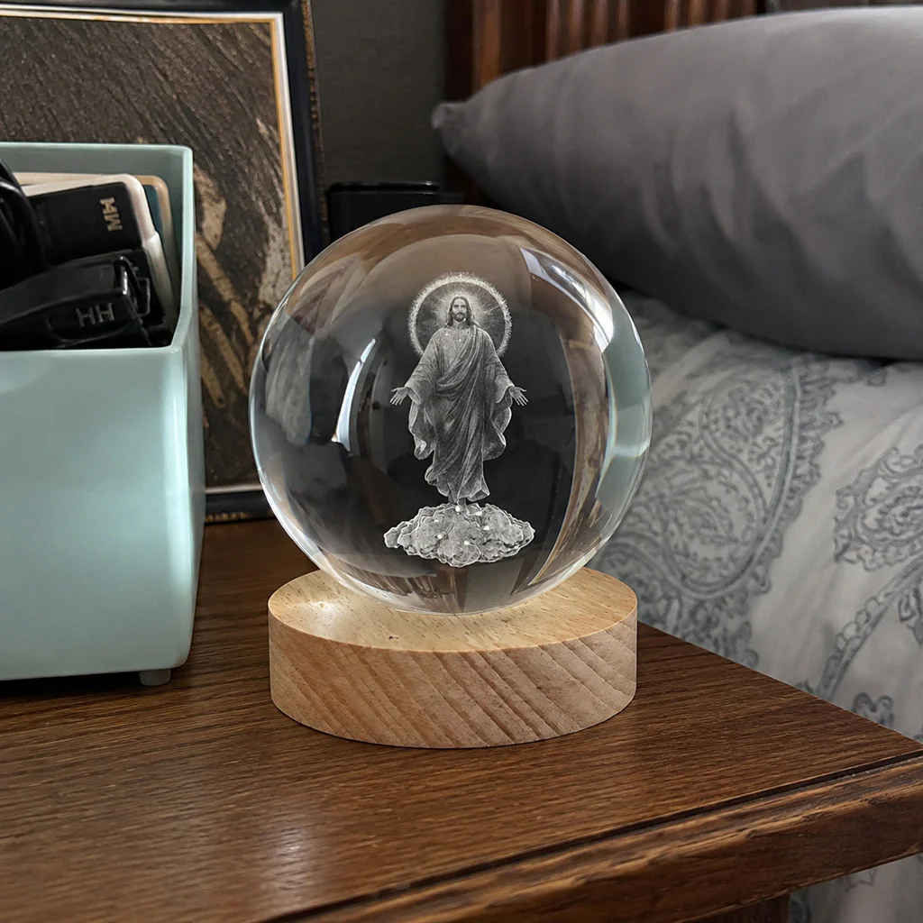 Jesus Christ Crystal Night Light with Warm Wooden Base - Image 5
