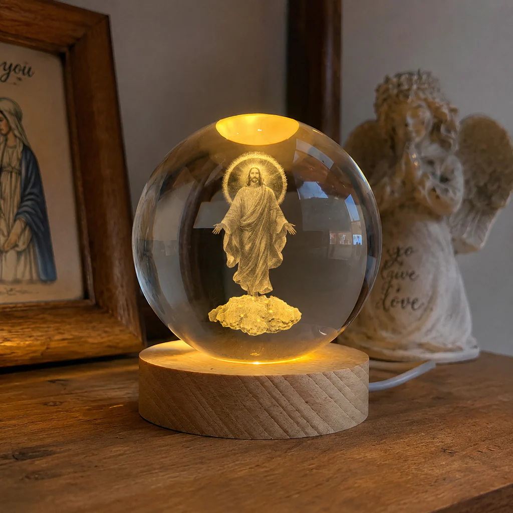 Jesus Christ Crystal Night Light with Warm Wooden Base - Image 6