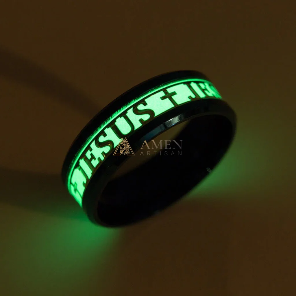 Jesus Cross Titanium Steel Luminous Ring Amen Artisan - Image 3