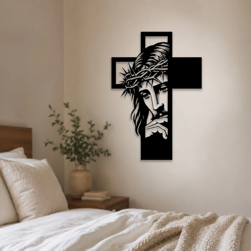 Jesus Portrait Metal Cross Wall Art with Crown of Thorns - Image 3