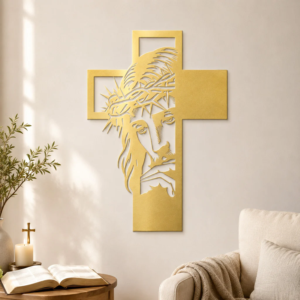 Jesus Portrait Metal Cross Wall Art with Crown of Thorns - Image 4