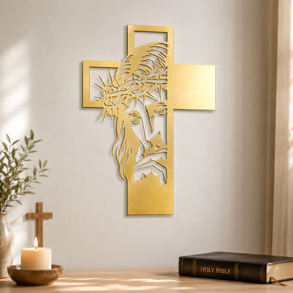Jesus Portrait Metal Cross Wall Art with Crown of Thorns - Image 5