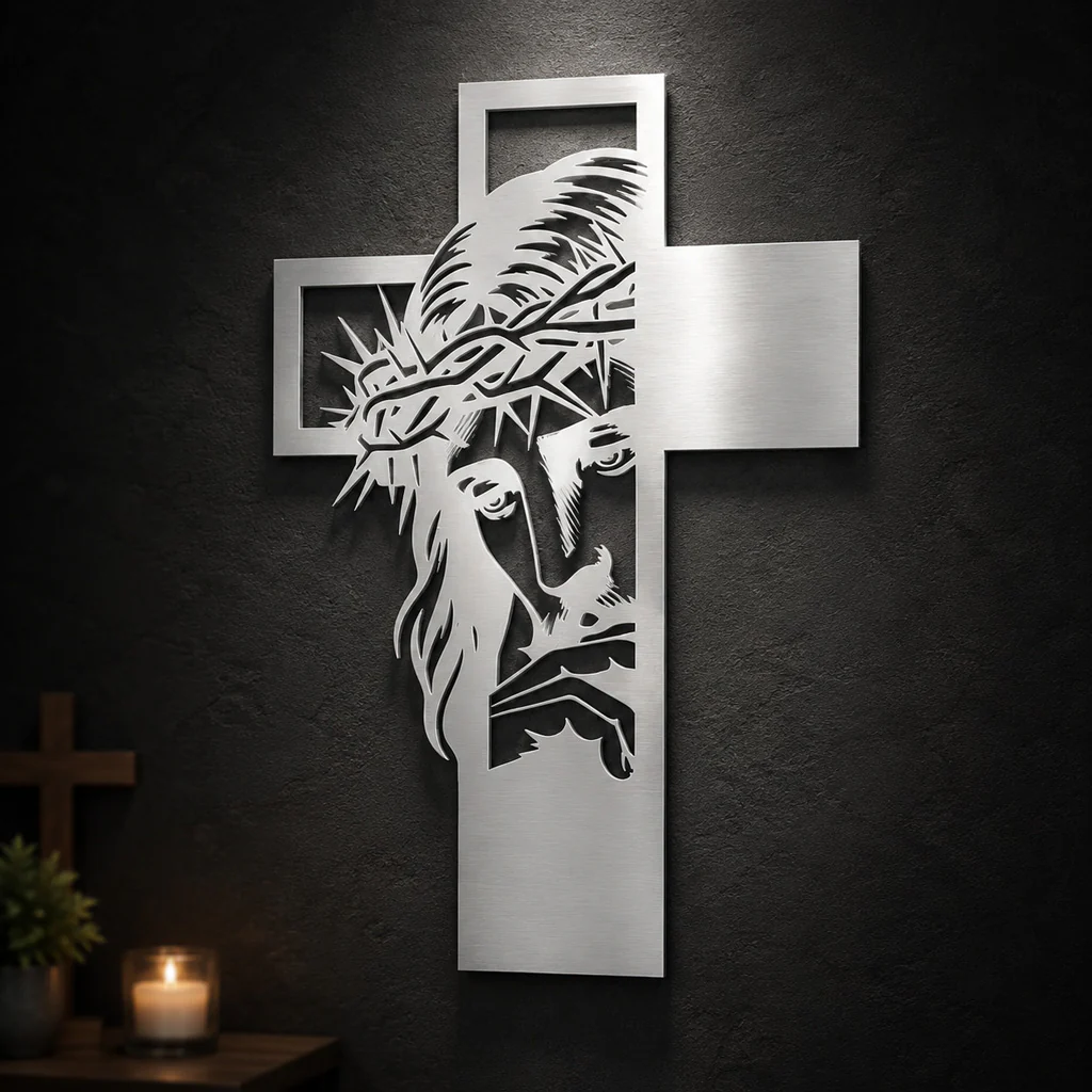 Jesus Portrait Metal Cross Wall Art with Crown of Thorns - Image 6