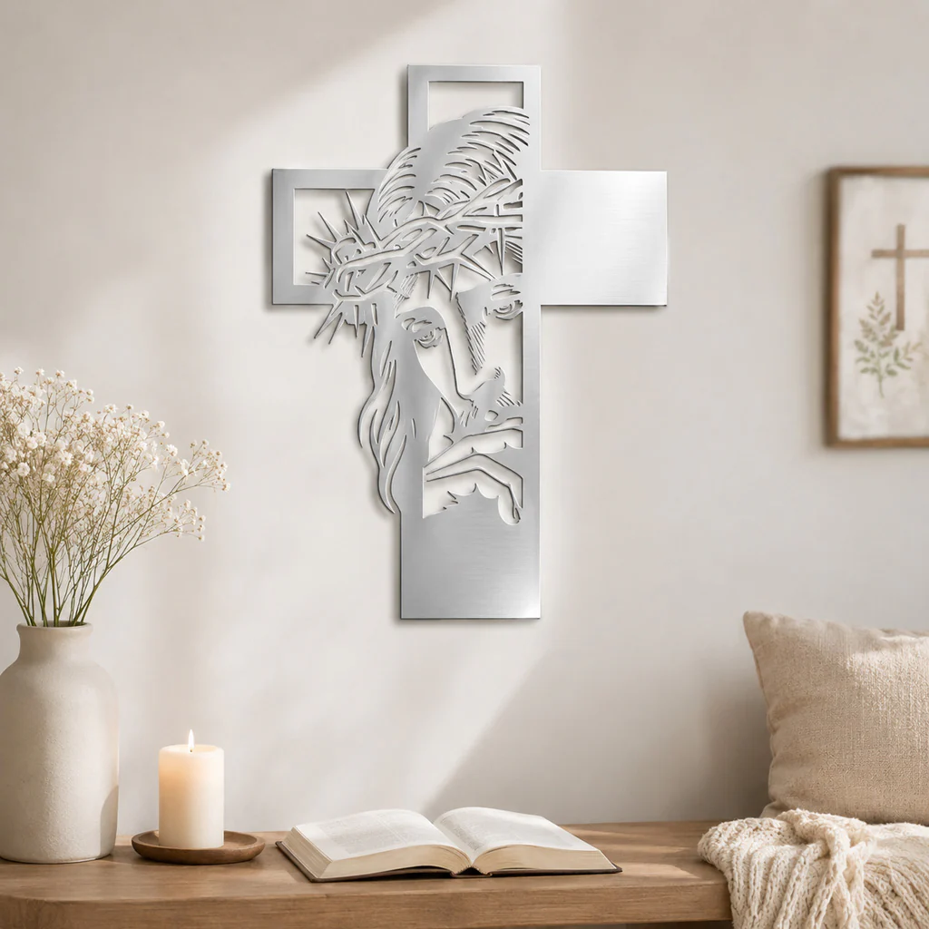 Jesus Portrait Metal Cross Wall Art with Crown of Thorns - Image 7