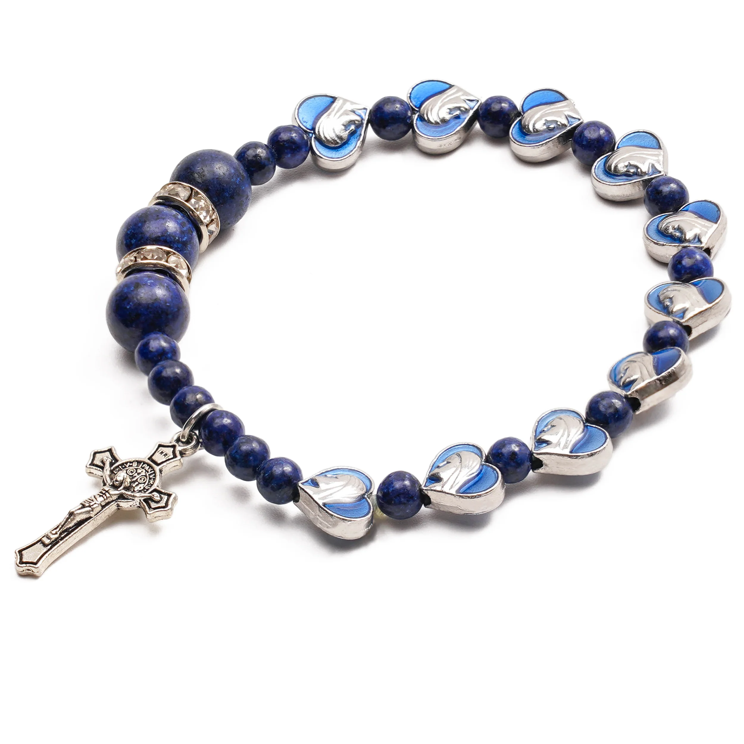 Lapis Lazuli Zircon Enamel Divine Mary of the Heart Blue Beads Crucifix Stretch Bracelet Amen Artisan - Image 5