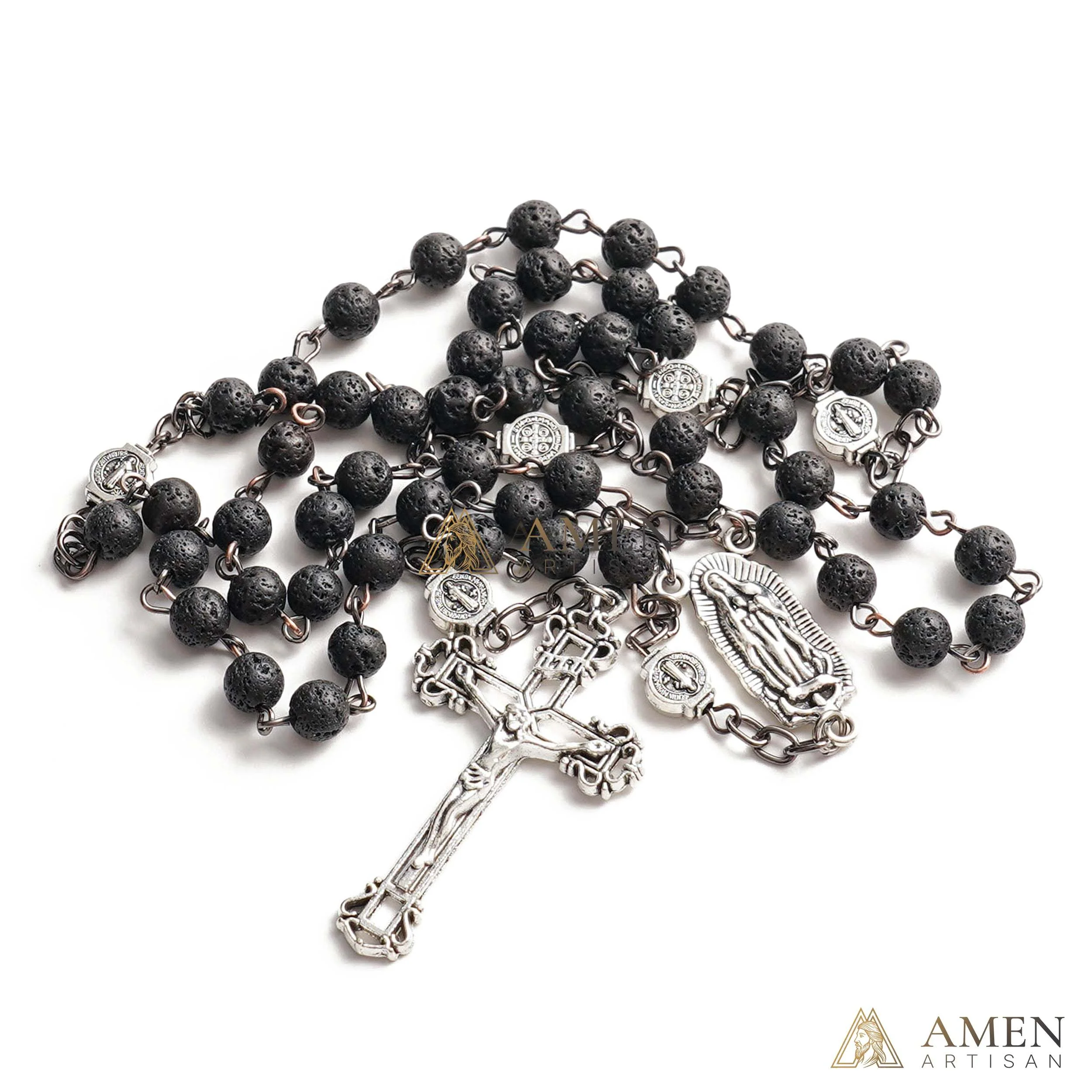 Lava Stone Our Lady of Guadalupe Medal Rosary Amen Artisan - Image 3