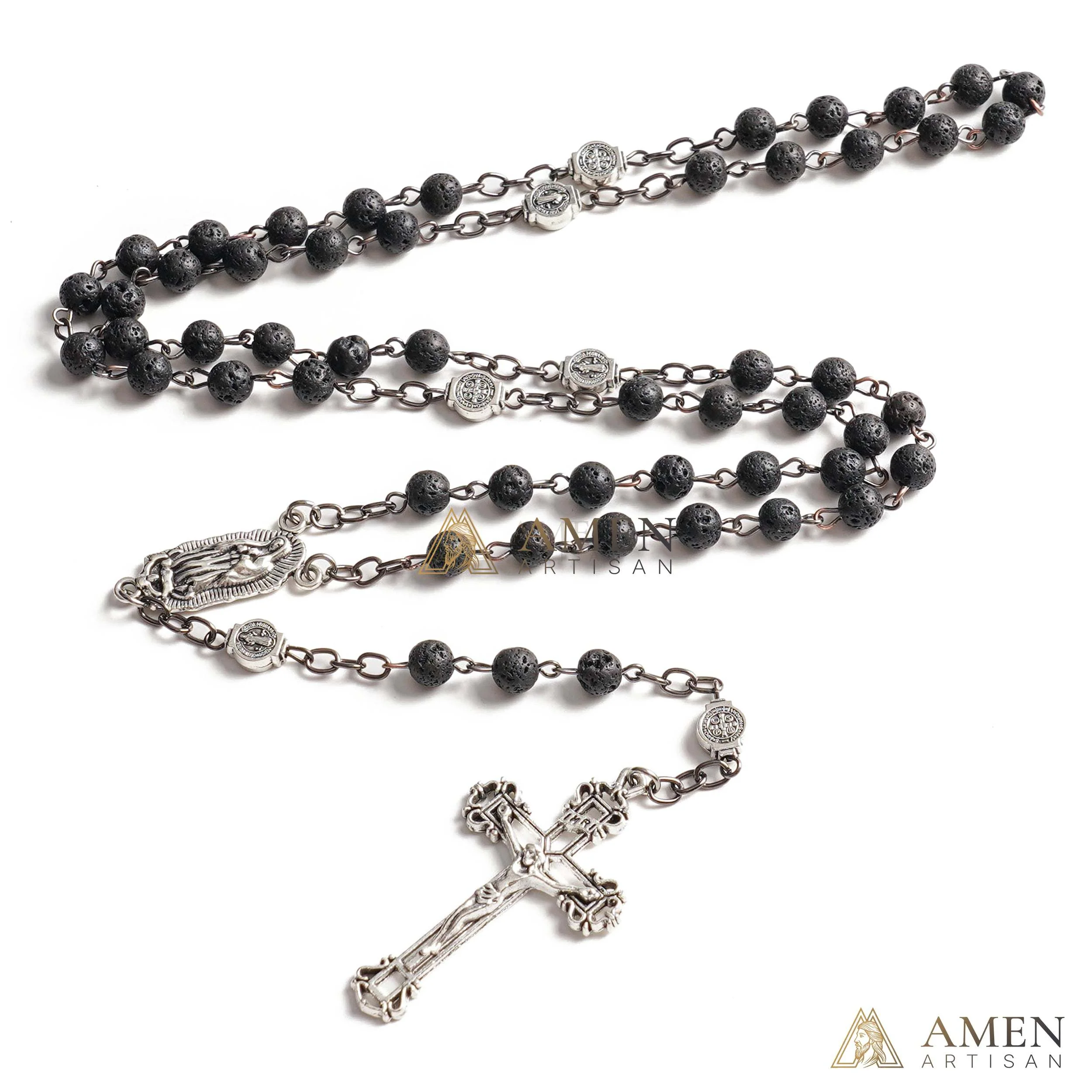 Lava Stone Our Lady of Guadalupe Medal Rosary Amen Artisan - Image 4