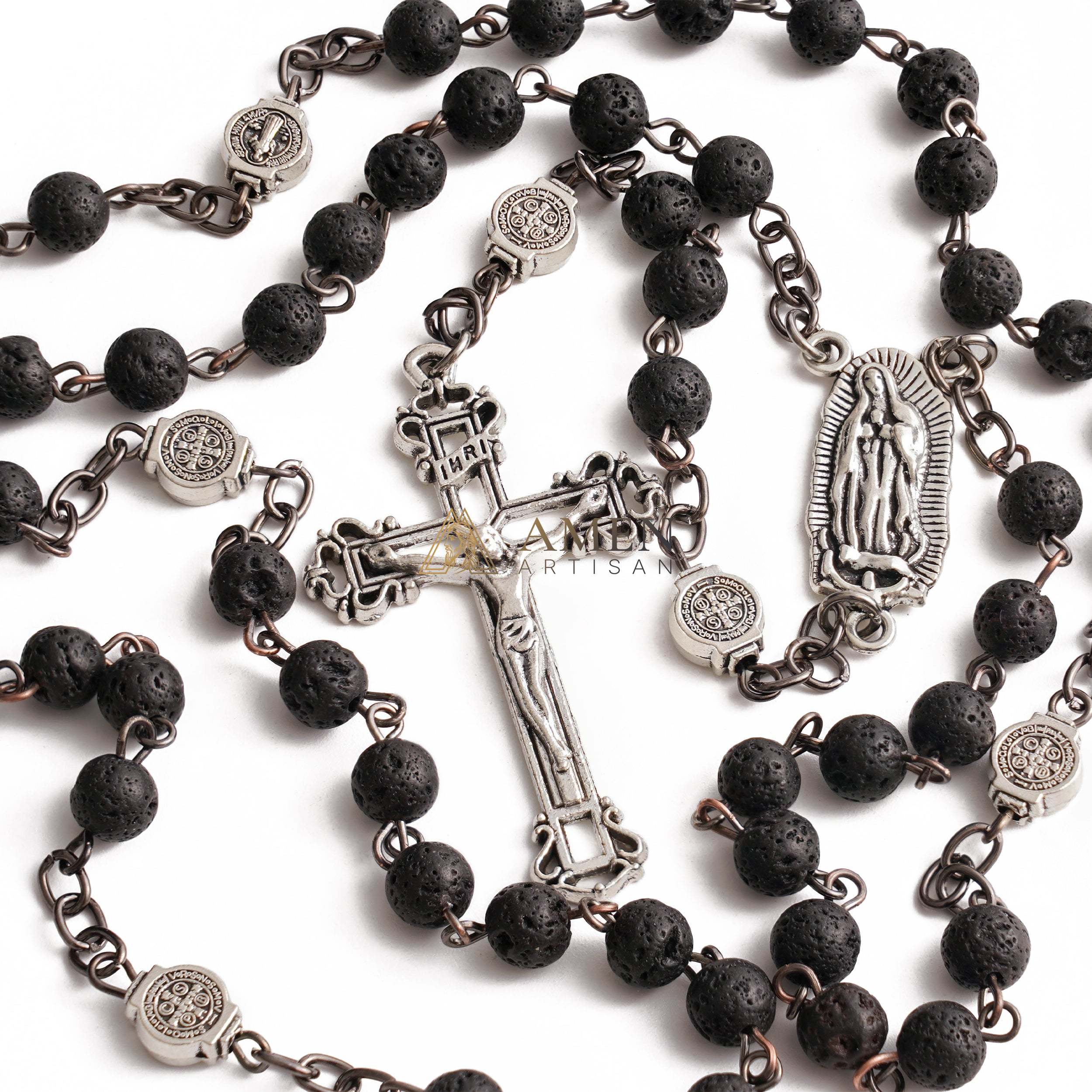 Lava Stone Our Lady of Guadalupe Medal Rosary Amen Artisan - Image 5