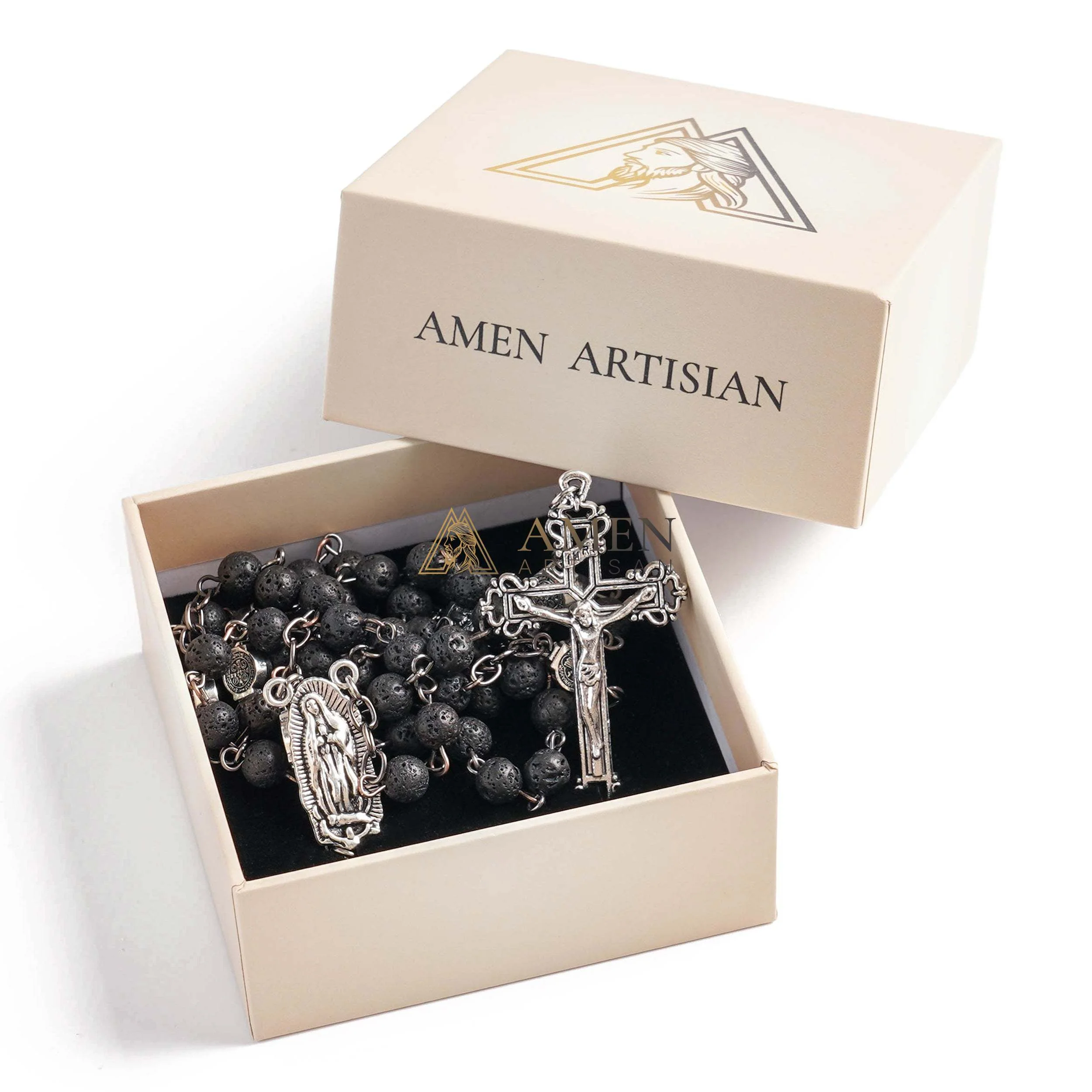 Lava Stone Our Lady of Guadalupe Medal Rosary Amen Artisan - Image 7