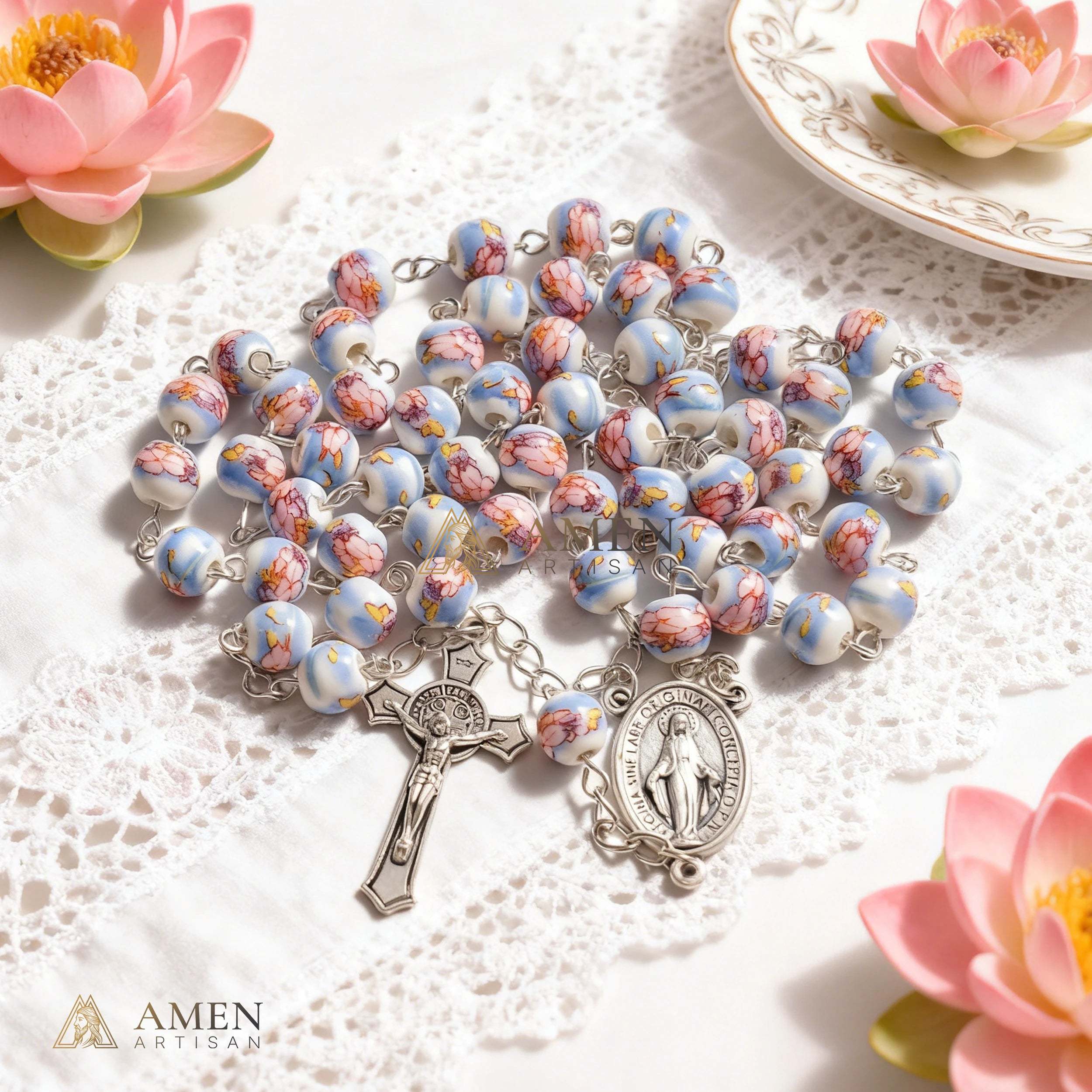 Magnolia Ceramic Rosary Amen Artisan - Image 2