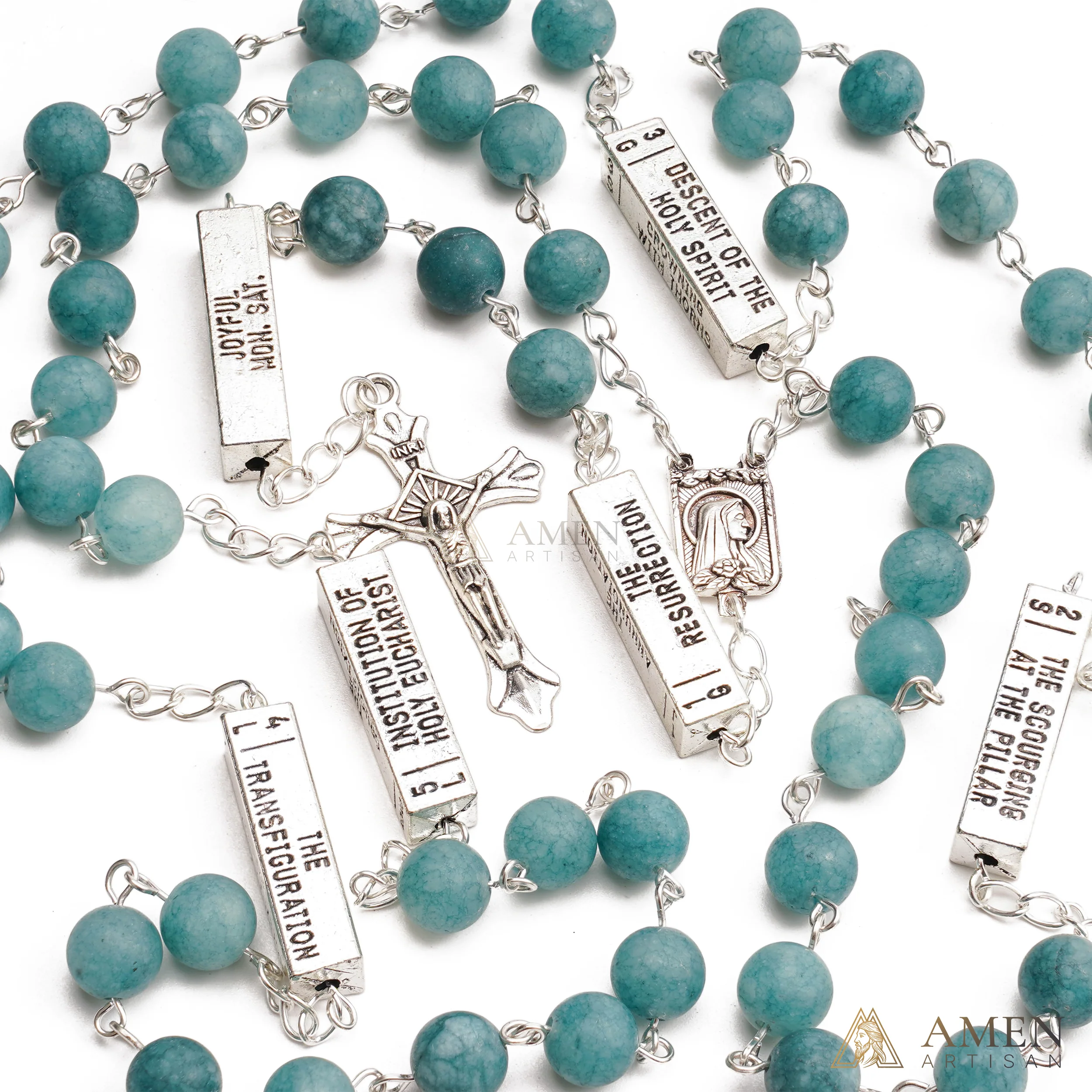 Matte Blue Chalcedony Bead Rosary with 5 Mysteries Amen Artisan - Image 2