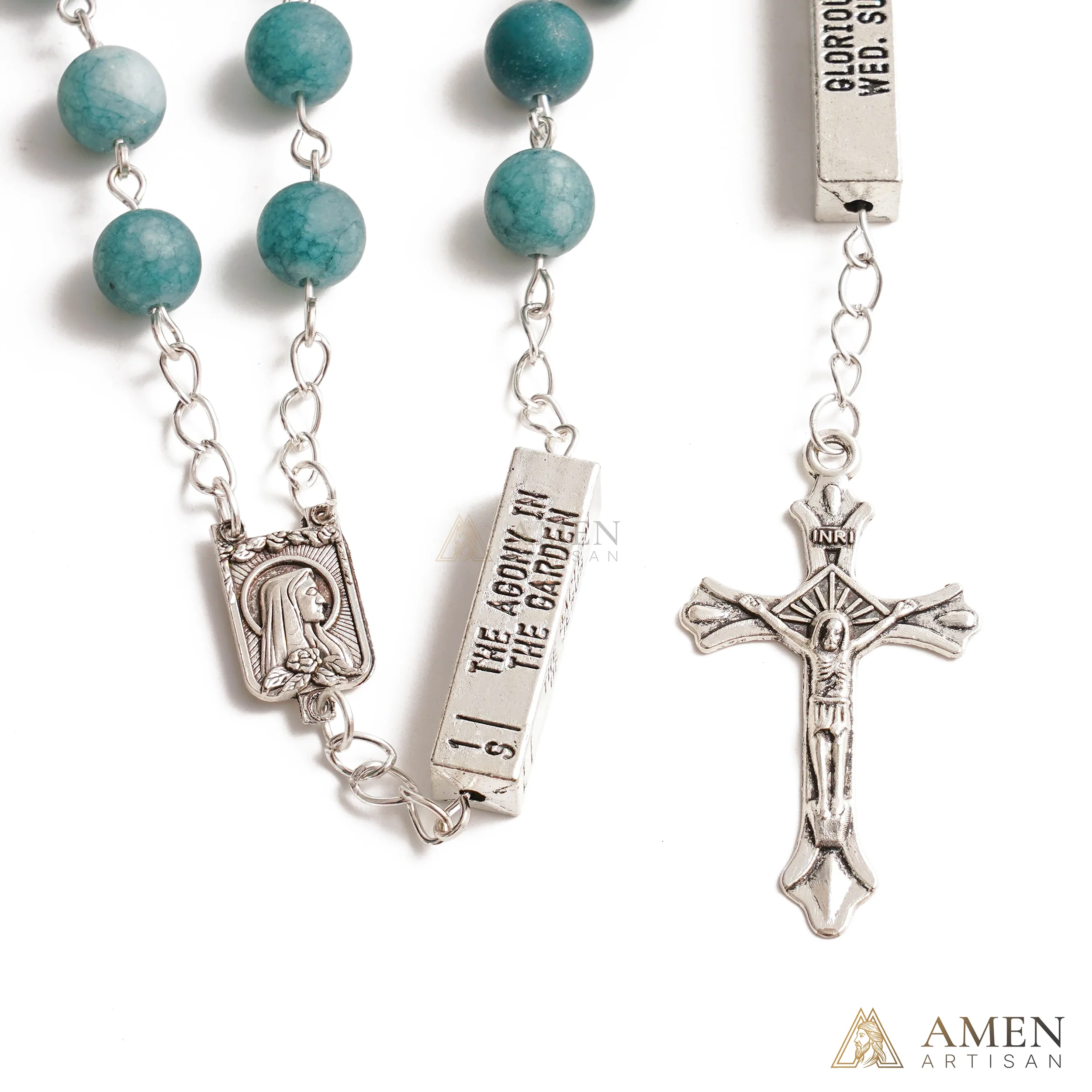 Matte Blue Chalcedony Bead Rosary with 5 Mysteries Amen Artisan - Image 3