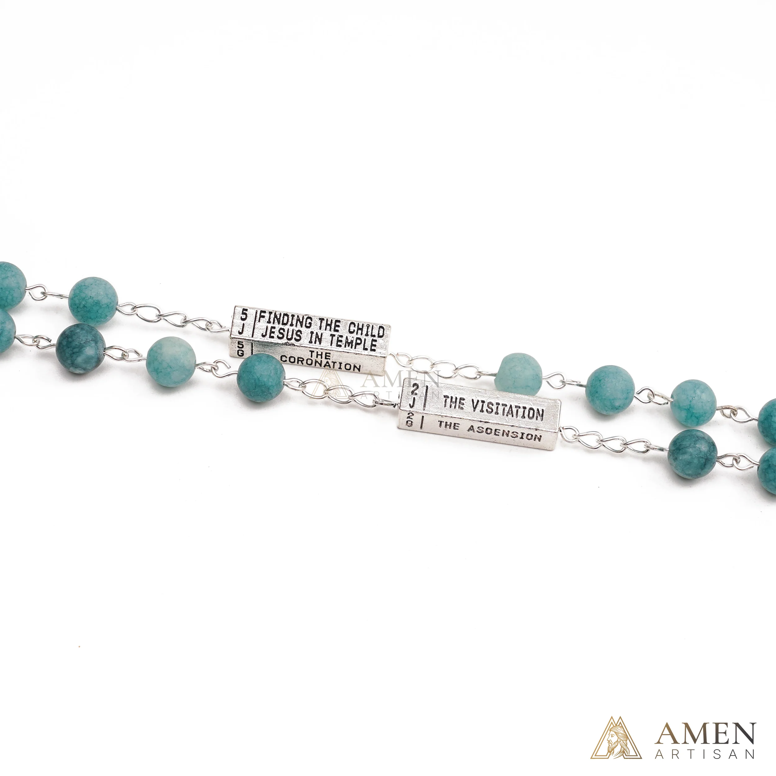 Matte Blue Chalcedony Bead Rosary with 5 Mysteries Amen Artisan - Image 4
