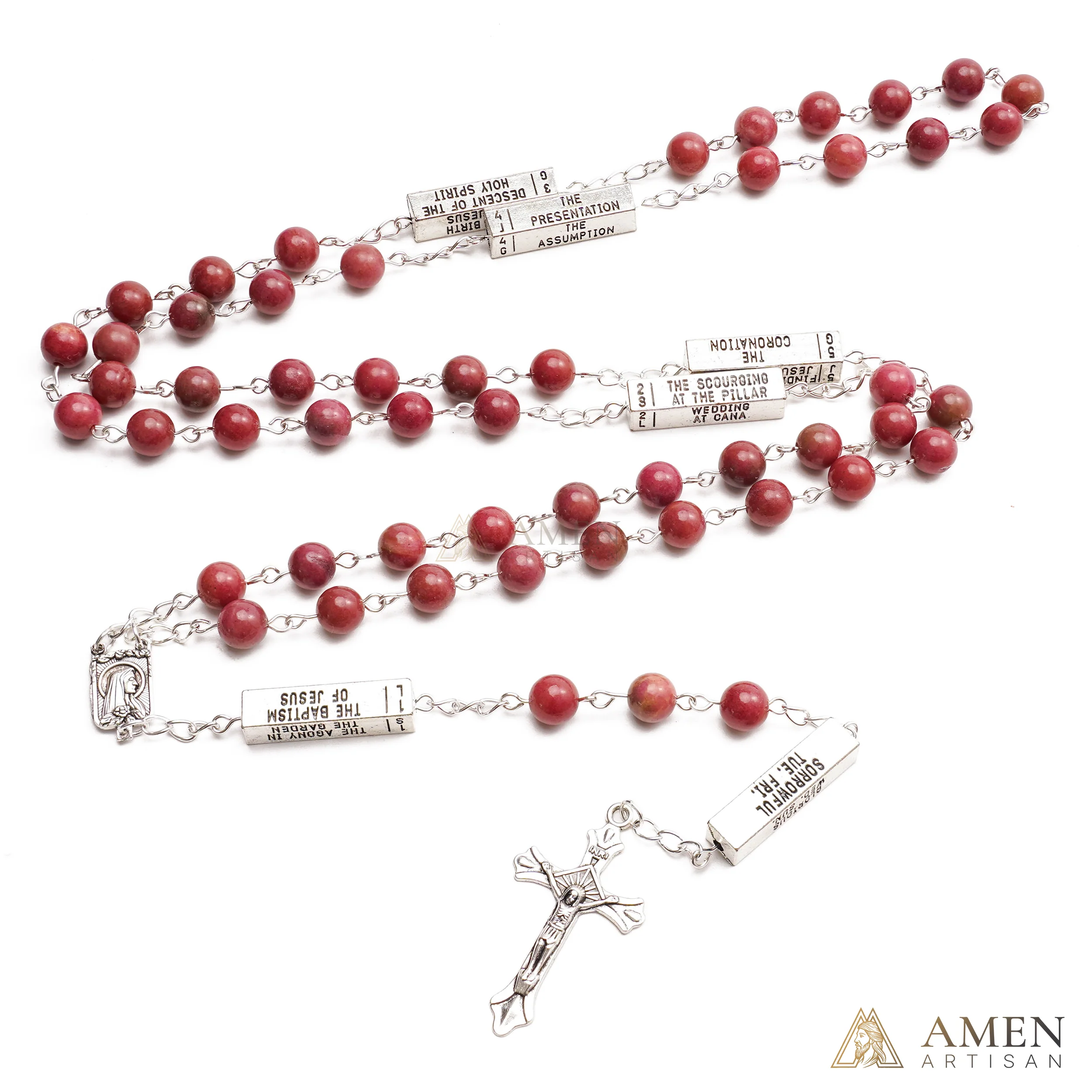 Matte Blue Chalcedony Bead Rosary with 5 Mysteries Amen Artisan - Image 6