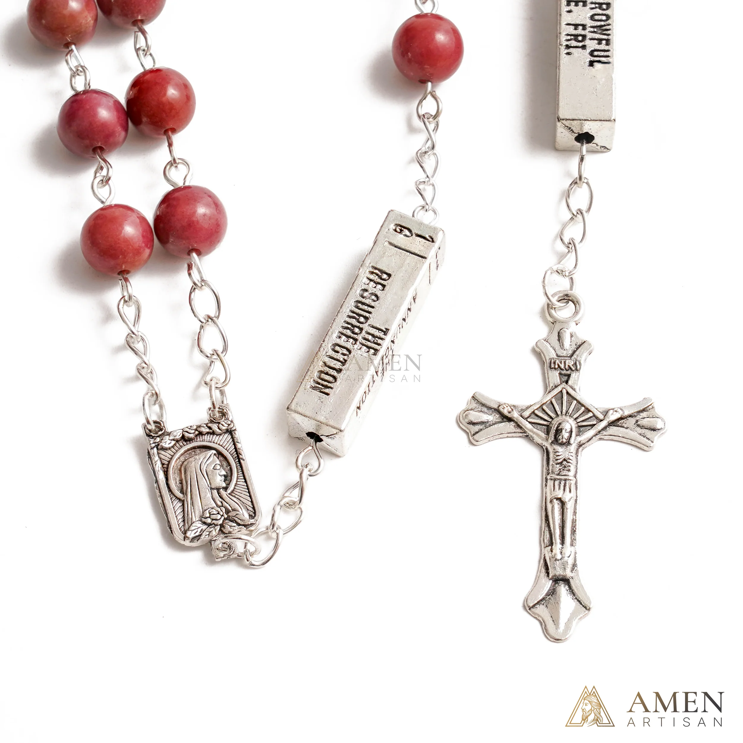Matte Blue Chalcedony Bead Rosary with 5 Mysteries Amen Artisan - Image 8
