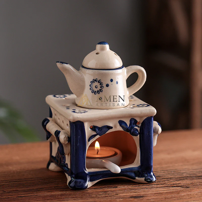 Meditation Blue Glazed Ceramic Aroma Diffuser Lamp Amen Artisan - Image 2