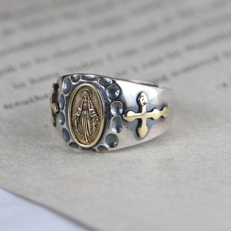 Miraculous Medal Cross Hammered 925 Silver Ring Amen Artisan