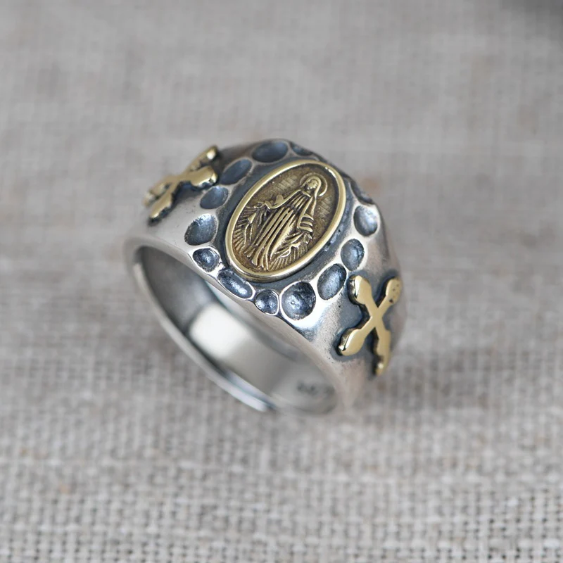 Miraculous Medal Cross Hammered 925 Silver Ring Amen Artisan - Image 2