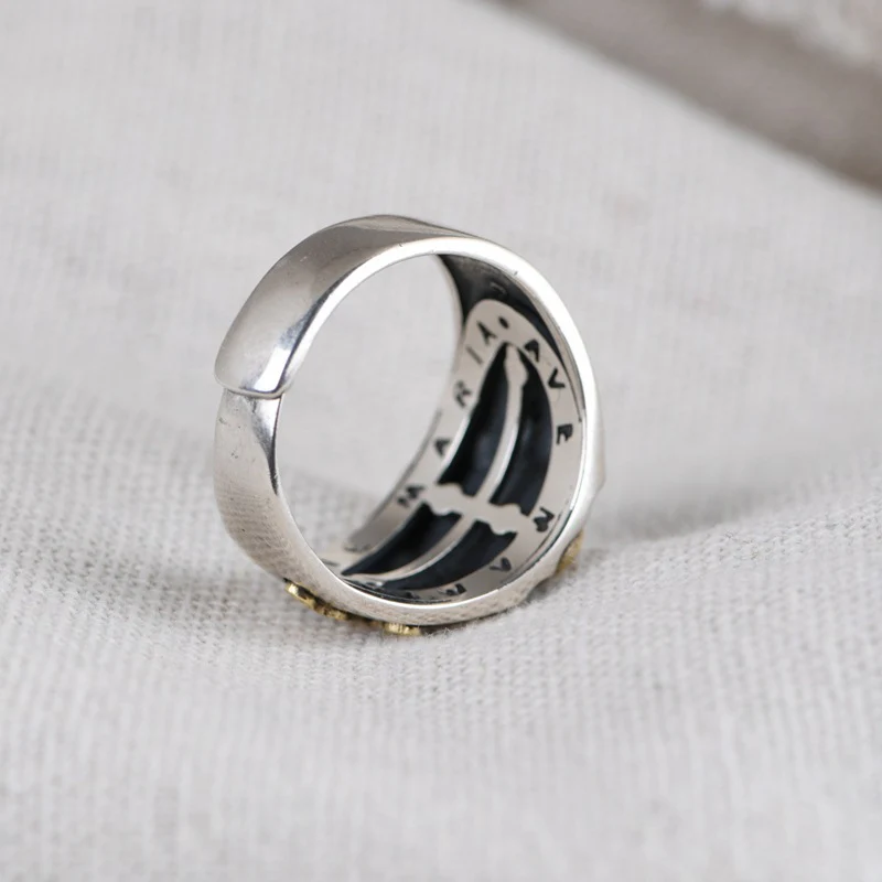 Miraculous Medal Cross Hammered 925 Silver Ring Amen Artisan - Image 3