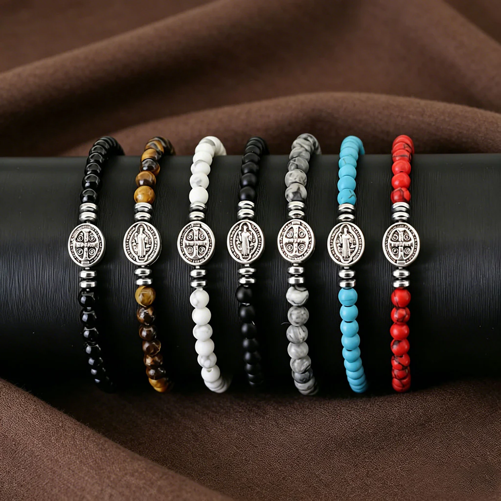Multicolor Natural Stone St. Benedict Bracelet with Double-Sided Medal - Image 16