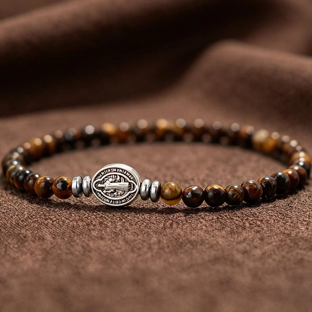 Multicolor Natural Stone St. Benedict Bracelet with Double-Sided Medal - Image 5