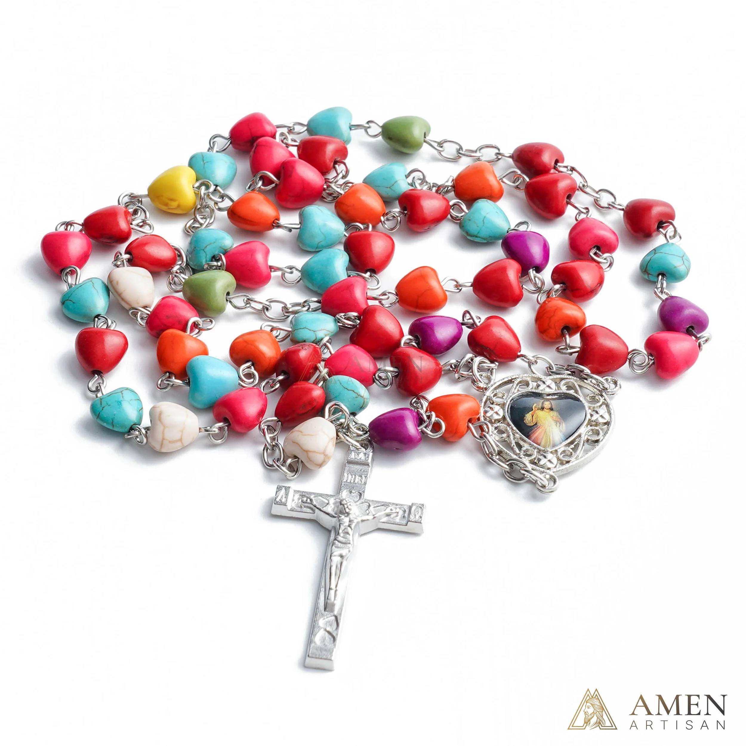 Multicolor Turquoise Heart Rosary Amen Artisan - Image 2