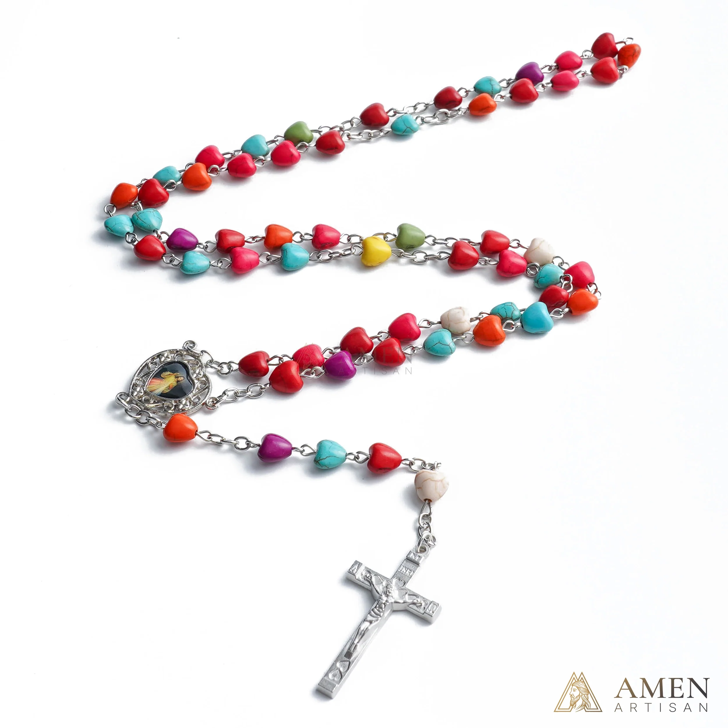 Multicolor Turquoise Heart Rosary Amen Artisan - Image 3